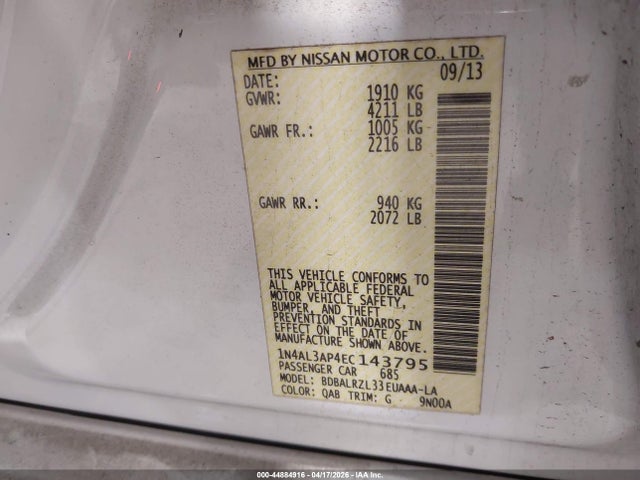 44884916 :رقم المزاد ، 1N4AL3AP4EC143795 vin ، 2014 Nissan Altima 2.5 S مزاد بيع