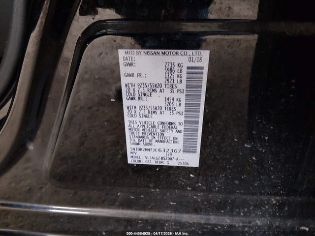 Продаж на аукціоні авто 2018 Nissan Pathfinder Sl, vin: 5N1DR2MN7JC632367, номер лоту: 44884925