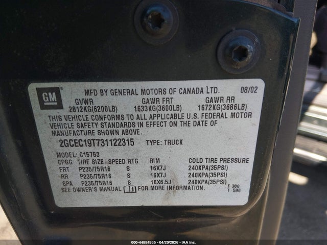 2003 Chevrolet Silverado 1500 Ls მანქანა იყიდება აუქციონზე, vin: 2GCEC19T731122315, აუქციონის ნომერი: 44884935