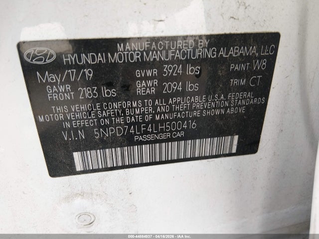 44884937 :رقم المزاد ، 5NPD74LF4LH500416 vin ، 2020 Hyundai Elantra Se مزاد بيع