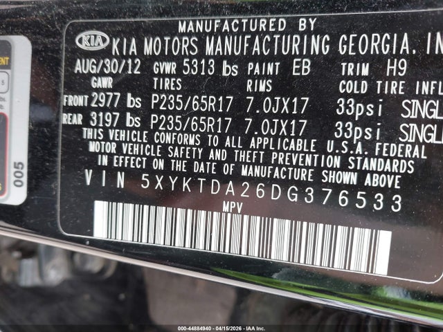 Продажа на аукционе авто 2013 Kia Sorento Lx V6, vin: 5XYKTDA26DG376533, номер лота: 44884940