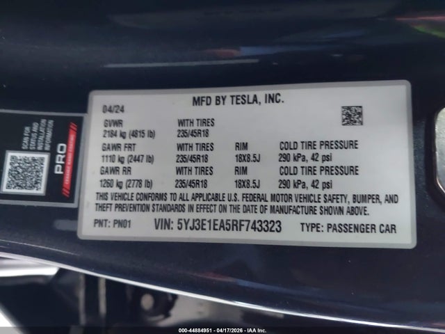 44884951 :رقم المزاد ، 5YJ3E1EA5RF743323 vin ، 2024 Tesla Model 3 Long Range Dual Motor All-wheel Drive/rear-wheel Drive مزاد بيع
