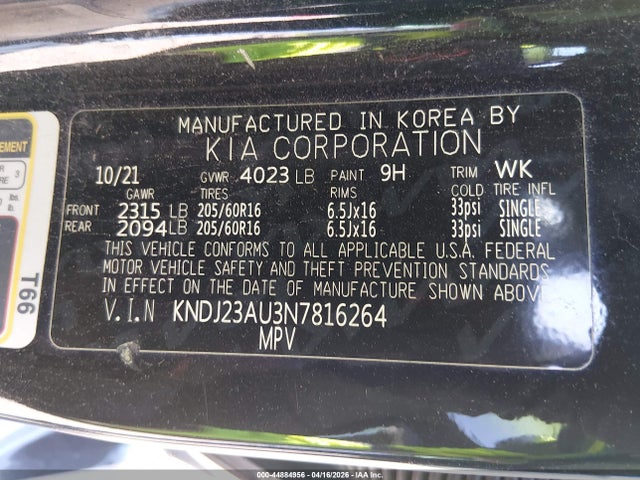 44884956 :رقم المزاد ، KNDJ23AU3N7816264 vin ، 2022 Kia Soul Lx مزاد بيع