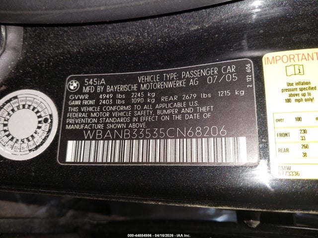 Продаж на аукціоні авто 2005 Bmw 545i, vin: WBANB33535CN68206, номер лоту: 44884986