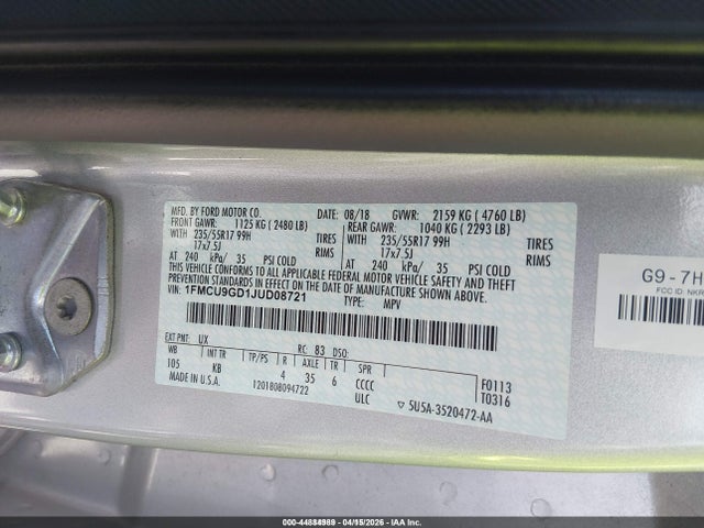 1FMCU9GD1JUD08721 Ford ESCAPE SE