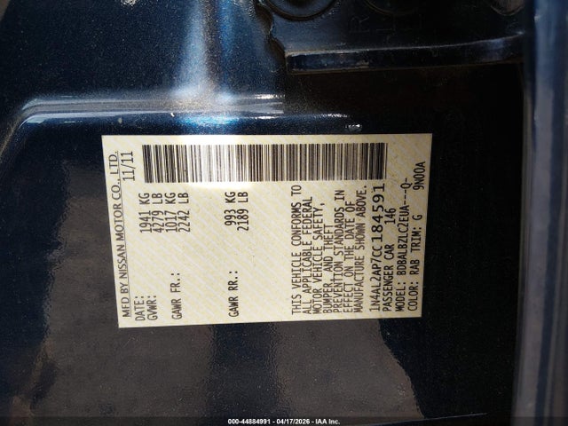 Aukcja sprzedaży 2012 Nissan Altima 2.5 S, vin: 1N4AL2AP7CC184591, numer aukcji: 44884991