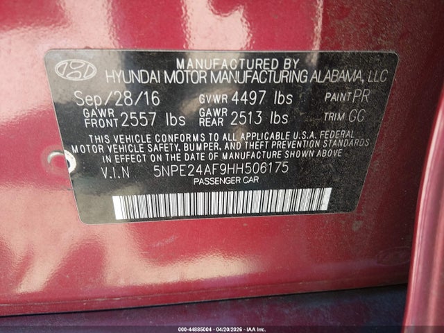 Aukcja sprzedaży 2017 Hyundai Sonata Se, vin: 5NPE24AF9HH506175, numer aukcji: 44885004