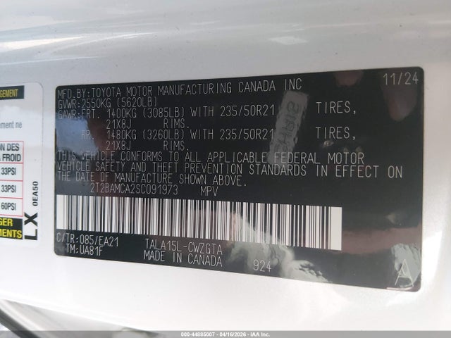 44885007 :رقم المزاد ، 2T2BAMCA2SC091973 vin ، 2025 Lexus Rx 350 Premium مزاد بيع