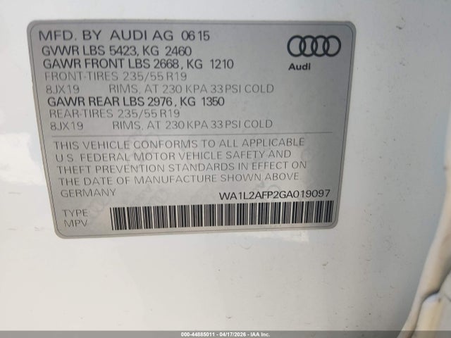 Продажа на аукционе авто 2016 Audi Q5 2.0t Premium, vin: WA1L2AFP2GA019097, номер лота: 44885011