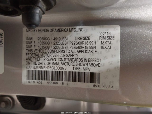 Продажа на аукционе авто 2016 Honda Cr-v Touring, vin: 5J6RM3H95GL008873, номер лота: 44885016
