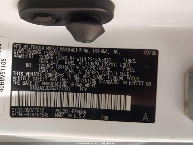 Aukcja sprzedaży 2006 Toyota Sienna Le, vin: 5TDZA23C96S473522, numer aukcji: 44885025