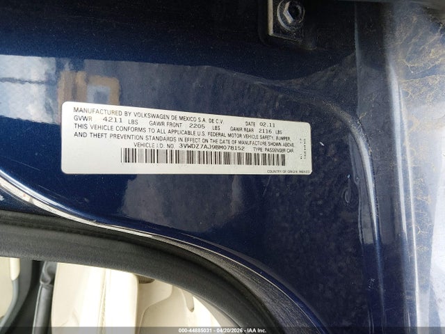 Aukcja sprzedaży 2011 Volkswagen Jetta 2.5l Se, vin: 3VWDZ7AJ9BM078152, numer aukcji: 44885031
