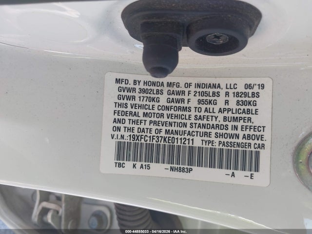 44885033 :رقم المزاد ، 19XFC1F37KE011211 vin ، 2019 Honda Civic Ex مزاد بيع
