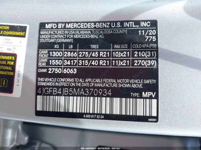 Aukcja sprzedaży 2021 Mercedes-benz Gle 350, vin: 4JGFB4JB5MA370934, numer aukcji: 44885042