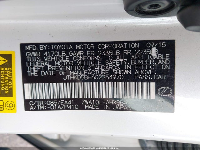44885056 :رقم المزاد ، JTHKD5BH6G2254970 vin ، 2016 Lexus Ct 200h مزاد بيع