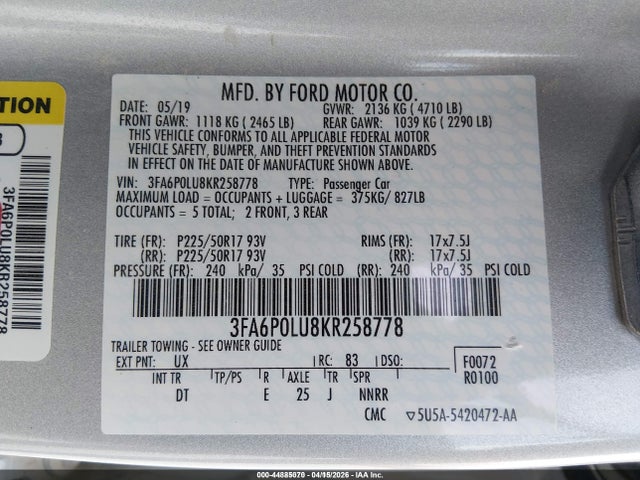 3FA6P0LU8KR258778 Ford Fusion Hybrid Se