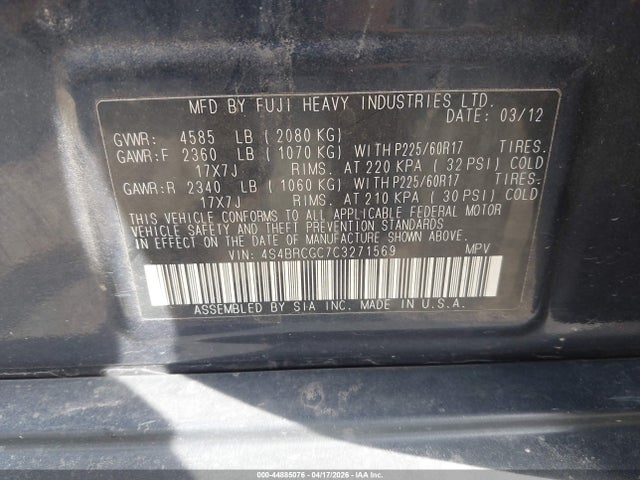 44885076 :رقم المزاد ، 4S4BRCGC7C3271569 vin ، 2012 Subaru Outback 2.5i Premium مزاد بيع