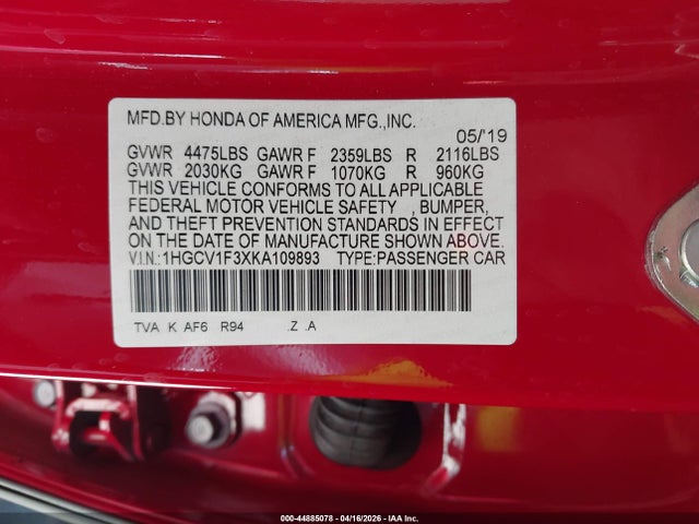 1HGCV1F3XKA109893 Honda Accord Sport