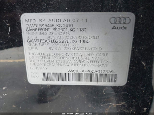 Продаж на аукціоні авто 2012 Audi Q5 2.0t Premium, vin: WA1LFAFP0CA012339, номер лоту: 44885086