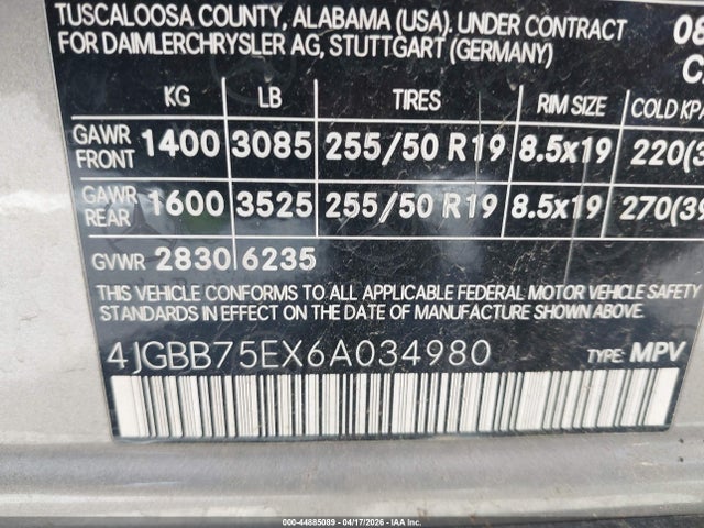 Aukcja sprzedaży 2006 Mercedes-benz Ml 500 4matic, vin: 4JGBB75EX6A034980, numer aukcji: 44885089