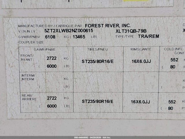 44885092 :رقم المزاد ، 5ZT2XLWB2NZ000615 vin ، 2022 Forest River Xlr Boost مزاد بيع