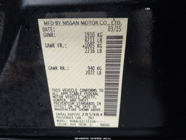 Aukcja sprzedaży 2015 Nissan Altima 2.5/2.5 S/2.5 Sl/2.5 Sv, vin: 1N4AL3AP2FC285984, numer aukcji: 44885102
