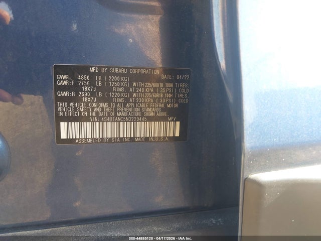 44885128 :رقم المزاد ، 4S4BTANC5N3229445 vin ، 2022 Subaru Outback Limited مزاد بيع