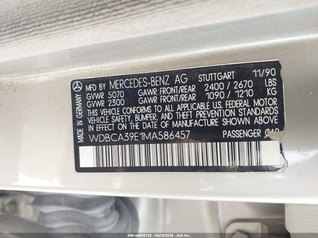 Aukcja sprzedaży 1991 Mercedes-benz 560 Sel, vin: WDBCA39E1MA586457, numer aukcji: 44885130
