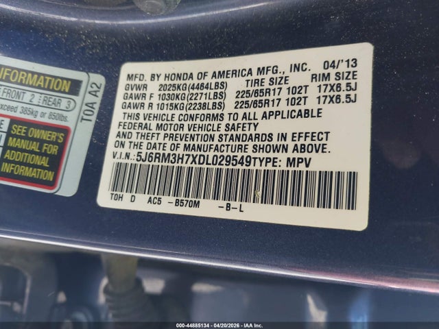 Продажа на аукционе авто 2013 Honda Cr-v Ex-l, vin: 5J6RM3H7XDL029549, номер лота: 44885134