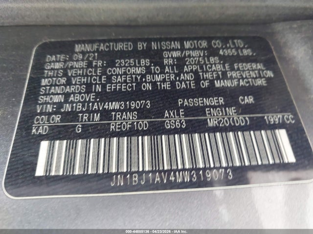 2021 Nissan Rogue Sport S Fwd Xtronic Cvt მანქანა იყიდება აუქციონზე, vin: JN1BJ1AV4MW319073, აუქციონის ნომერი: 44885136
