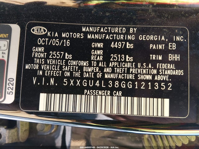 Продажа на аукционе авто 2016 Kia Optima Ex, vin: 5XXGU4L38GG121352, номер лота: 44885149