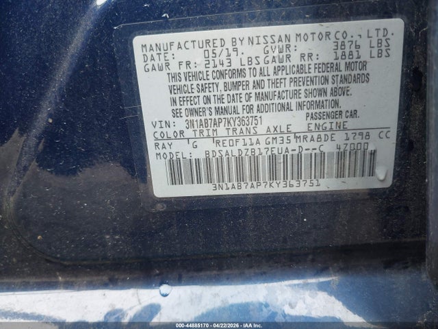 Aukcja sprzedaży 2019 Nissan Sentra Sv, vin: 3N1AB7AP7KY363751, numer aukcji: 44885170