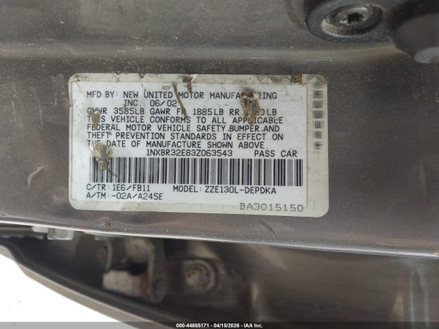 2003 Toyota Corolla Ce მანქანა იყიდება აუქციონზე, vin: 1NXBR32E83Z063543, აუქციონის ნომერი: 44885171