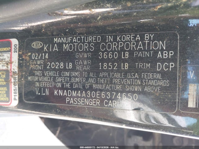 44885172 :رقم المزاد ، KNADM4A30E6374650 vin ، 2014 Kia Rio Lx مزاد بيع