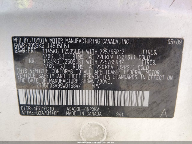 Aukcja sprzedaży 2009 Toyota Rav4, vin: 2T3BF33V99W015847, numer aukcji: 44885176