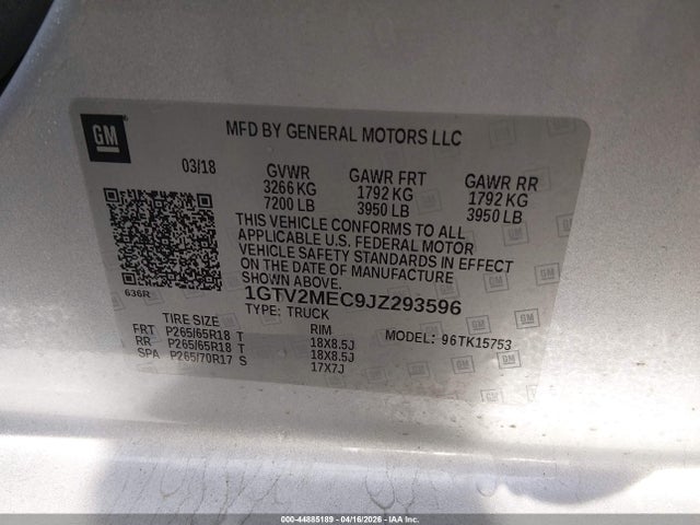 2018 Gmc Sierra 1500 Sle მანქანა იყიდება აუქციონზე, vin: 1GTV2MEC9JZ293596, აუქციონის ნომერი: 44885189