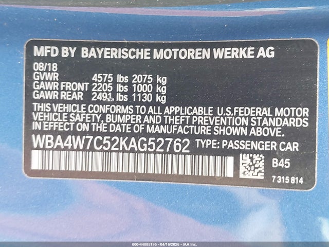 Aukcja sprzedaży 2019 Bmw 440i, vin: WBA4W7C52KAG52762, numer aukcji: 44885195