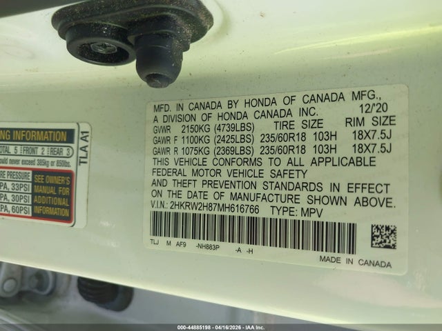 2021 Honda Cr-v Awd Ex-l მანქანა იყიდება აუქციონზე, vin: 2HKRW2H87MH616766, აუქციონის ნომერი: 44885198
