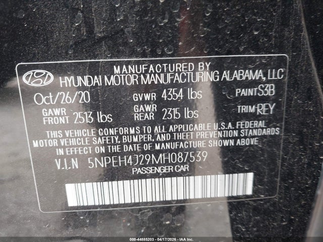 2021 Hyundai Sonata Limited მანქანა იყიდება აუქციონზე, vin: 5NPEH4J29MH087539, აუქციონის ნომერი: 44885203