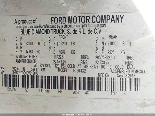 Aukcja sprzedaży 2013 Ford F-750 Xl/xlt, vin: 3FRXF7FC4DV018072, numer aukcji: 44885204