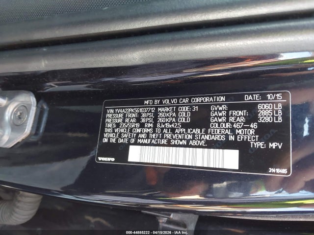 44885222 :رقم المزاد ، YV4A22PK5G1037712 vin ، 2016 Volvo Xc90 T6 Momentum مزاد بيع