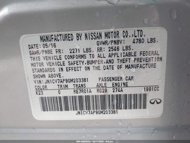 Продаж на аукціоні авто 2016 Infiniti Q50 2.0t Base/2.0t Premium, vin: JN1CV7AP9GM203381, номер лоту: 44885224
