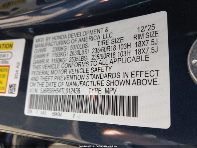 Продаж на аукціоні авто 2026 Honda Cr-v Hybrid Awd Sport, vin: 5J6RS6H54TL012458, номер лоту: 44885232