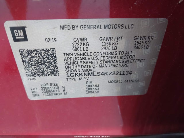Продажа на аукционе авто 2019 Gmc Acadia Slt-1, vin: 1GKKNMLS4KZ221134, номер лота: 44885244