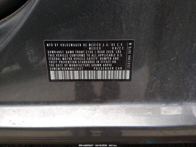 Aukcja sprzedaży 2022 Volkswagen Jetta 1.5t S, vin: 3VWCM7BU8NM021027, numer aukcji: 44885247