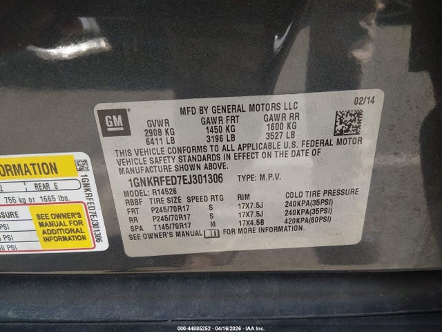 2014 Chevrolet Traverse Ls მანქანა იყიდება აუქციონზე, vin: 1GNKRFED7EJ301306, აუქციონის ნომერი: 44885252