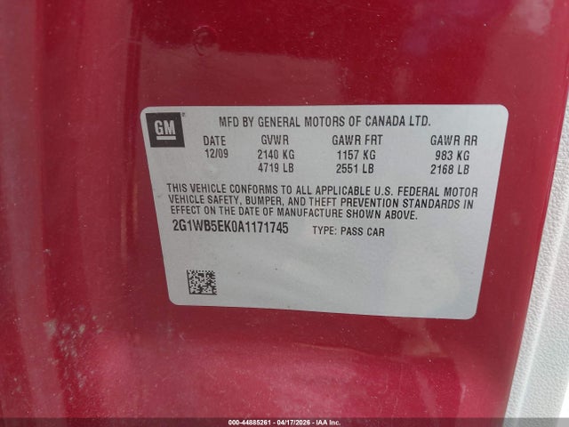 44885261 :رقم المزاد ، 2G1WB5EK0A1171745 vin ، 2010 Chevrolet Impala Lt مزاد بيع