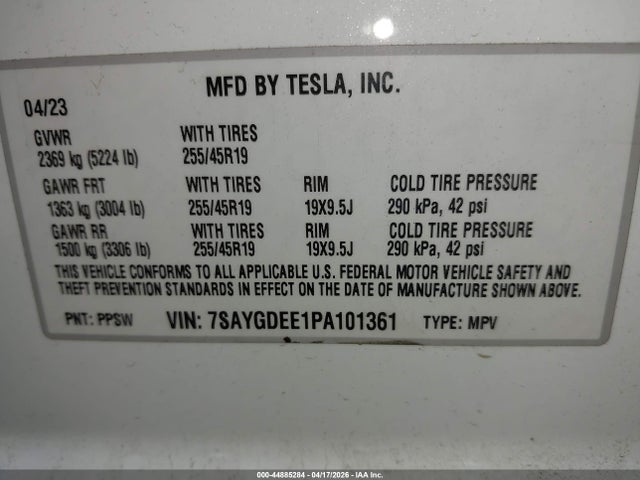 Auction sale of the 2023 Tesla Model Y Awd/long Range Dual Motor All-wheel Drive, vin: 7SAYGDEE1PA101361, lot number: 44885284