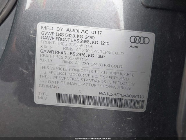 44885292 :رقم المزاد ، WA1C2AFP6HA098310 vin ، 2017 Audi Q5 2.0t Premium مزاد بيع