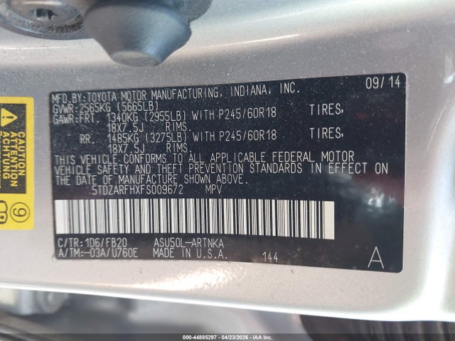 Продажа на аукционе авто 2015 Toyota Highlander Le, vin: 5TDZARFHXFS009672, номер лота: 44885297